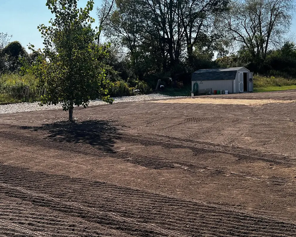 Rock-filled drainage swale across a sloped backyard